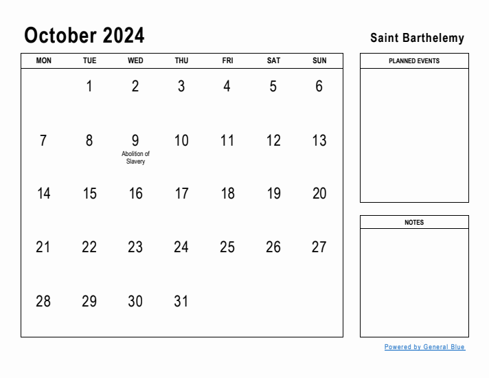 October 2024 Printable Monthly Calendar with Saint Barthelemy Holidays