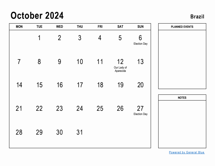 October 2024 Printable Monthly Calendar with Brazil Holidays