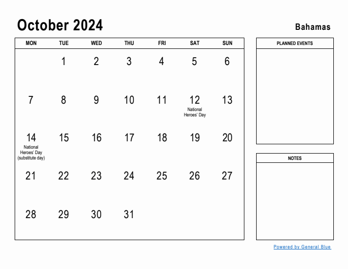 October 2024 Printable Monthly Calendar with Bahamas Holidays