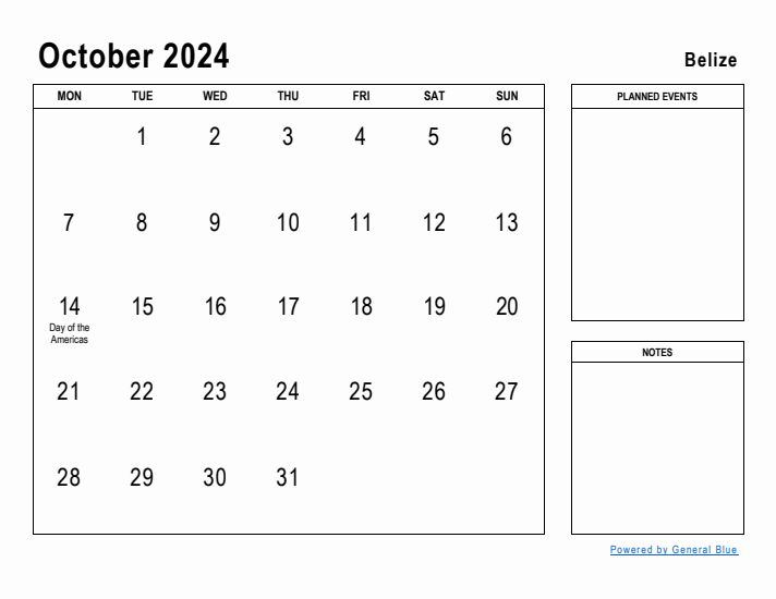 October 2024 Printable Monthly Calendar with Belize Holidays