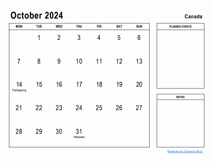 October 2024 Printable Monthly Calendar with Canada Holidays