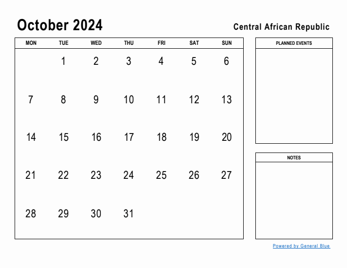 October 2024 Printable Monthly Calendar with Central African Republic Holidays