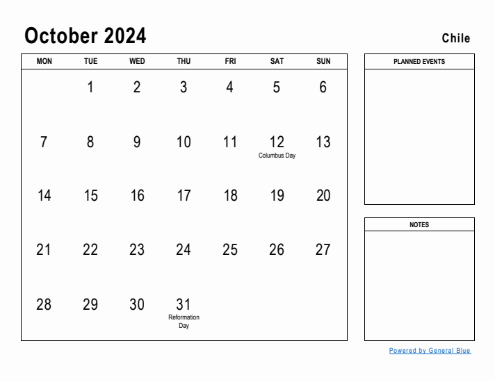 October 2024 Printable Monthly Calendar with Chile Holidays