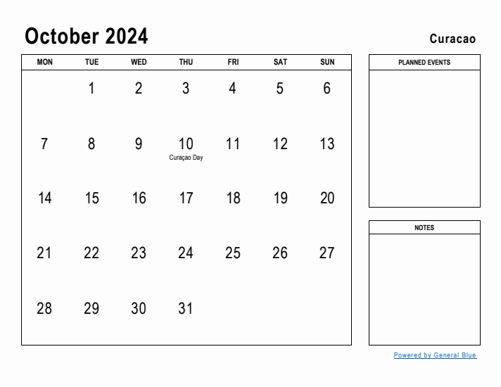 October 2024 Printable Monthly Calendar with Curacao Holidays