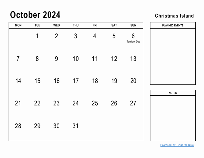 October 2024 Printable Monthly Calendar with Christmas Island Holidays