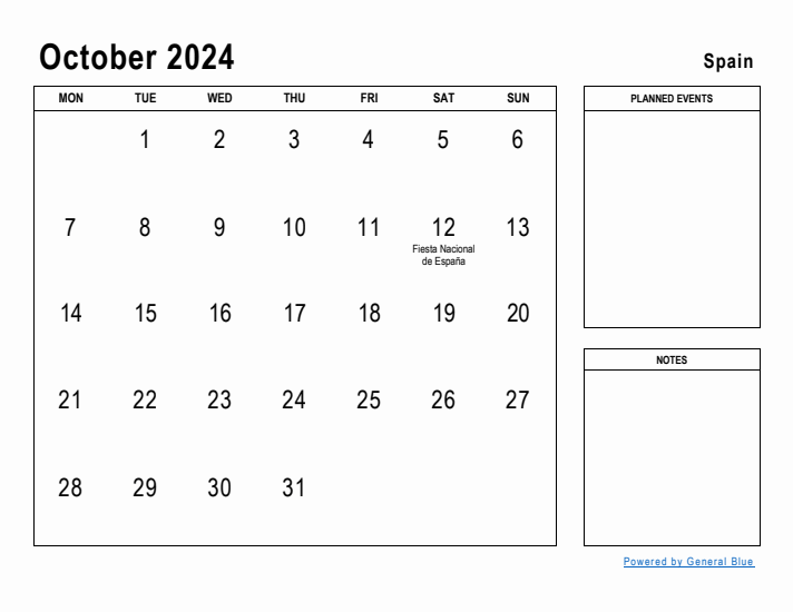 October 2024 Printable Monthly Calendar with Spain Holidays