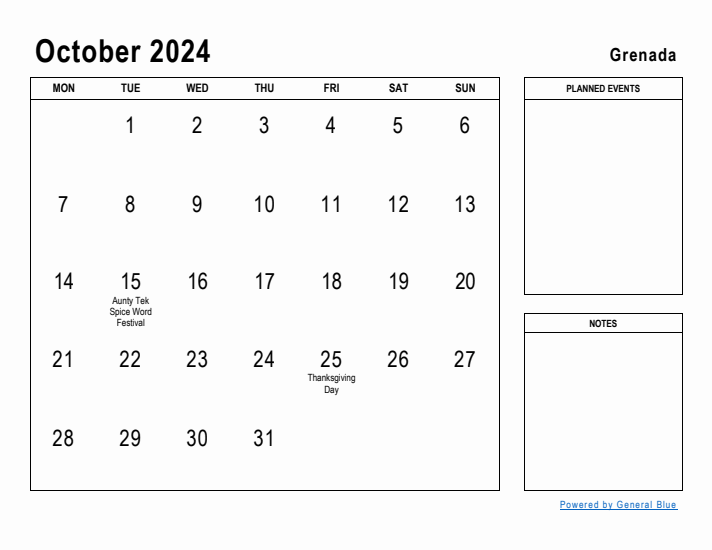 October 2024 Printable Monthly Calendar with Grenada Holidays