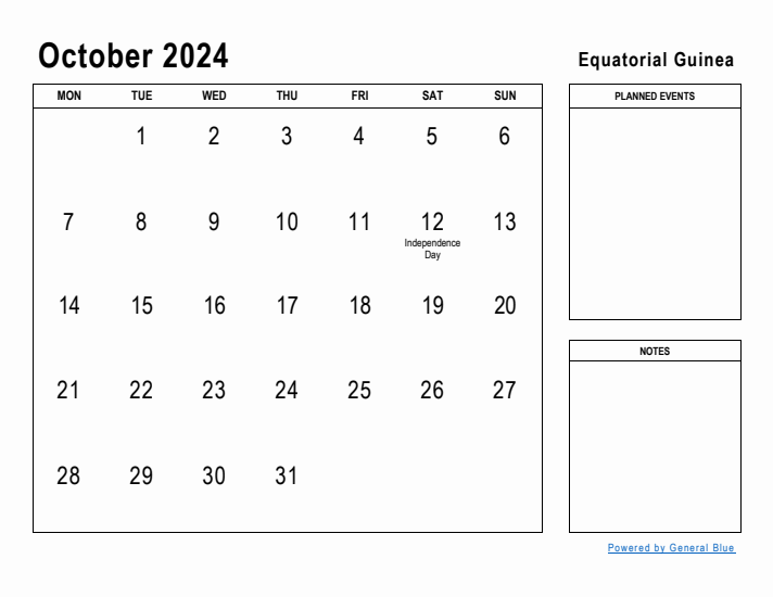 October 2024 Printable Monthly Calendar with Equatorial Guinea Holidays