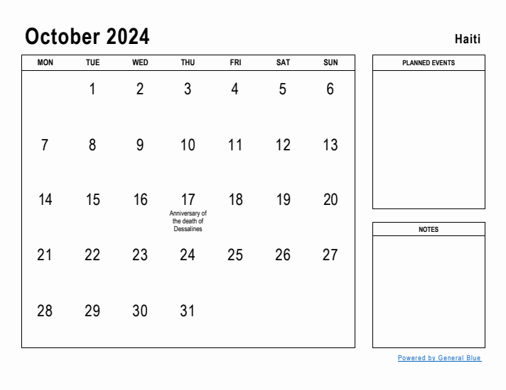 October 2024 Printable Monthly Calendar with Haiti Holidays