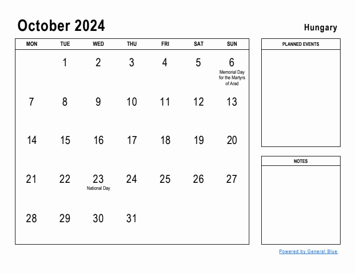 October 2024 Printable Monthly Calendar with Hungary Holidays