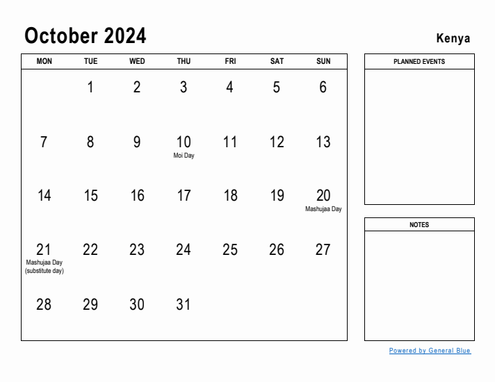 October 2024 Printable Monthly Calendar with Kenya Holidays