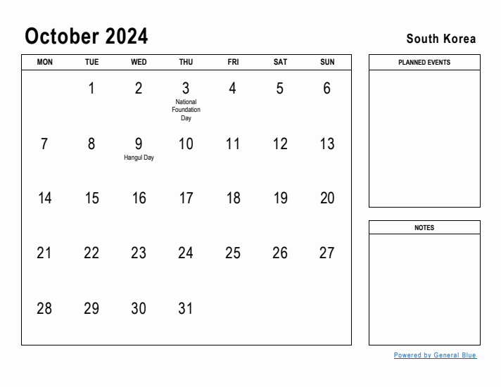 October 2024 Printable Monthly Calendar with South Korea Holidays