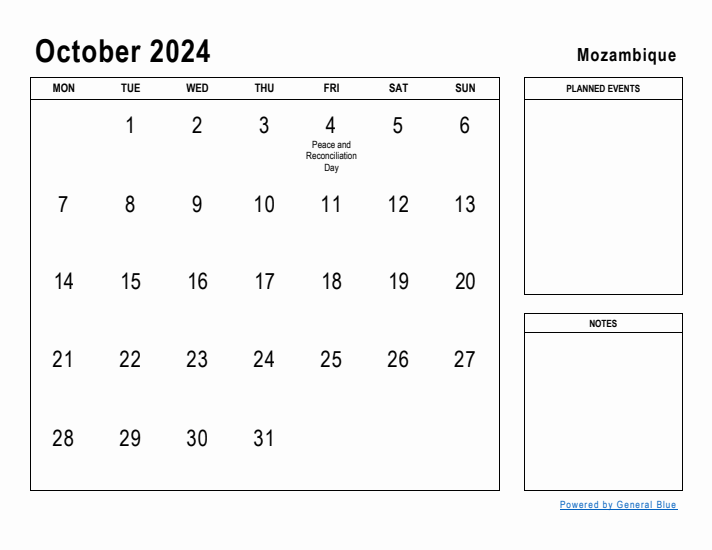 October 2024 Printable Monthly Calendar with Mozambique Holidays