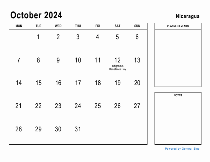 October 2024 Printable Monthly Calendar with Nicaragua Holidays