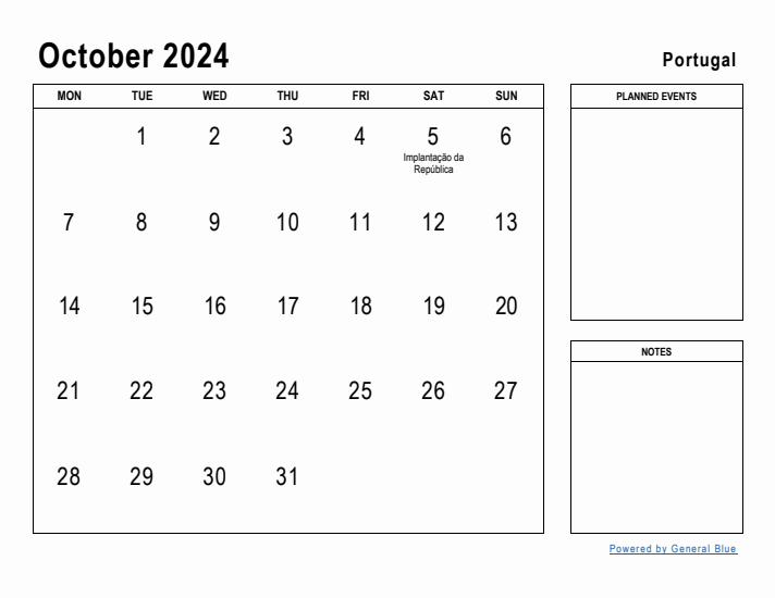 October 2024 Printable Monthly Calendar with Portugal Holidays