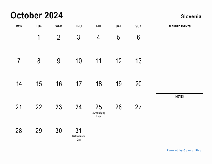 October 2024 Printable Monthly Calendar with Slovenia Holidays