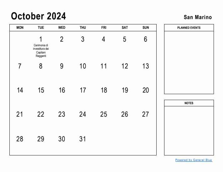 October 2024 Printable Monthly Calendar with San Marino Holidays