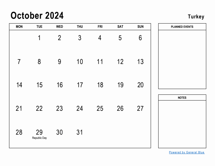 October 2024 Printable Monthly Calendar with Turkey Holidays