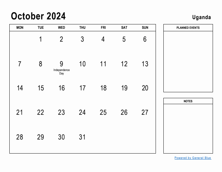 October 2024 Printable Monthly Calendar with Uganda Holidays