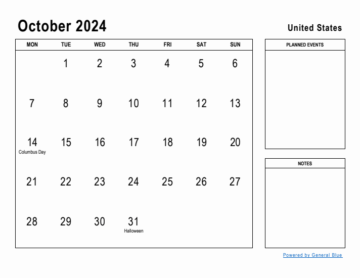 October 2024 Printable Monthly Calendar with United States Holidays