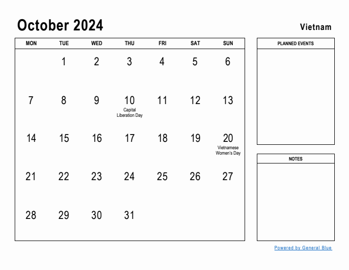 October 2024 Printable Monthly Calendar with Vietnam Holidays