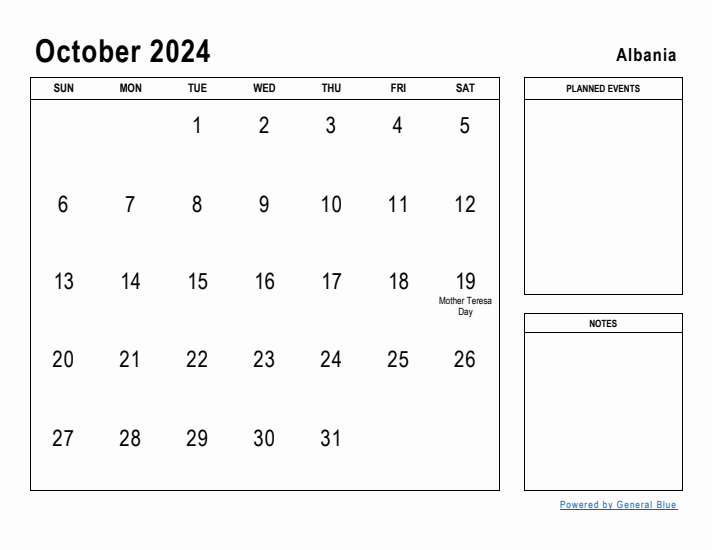 October 2024 Printable Monthly Calendar with Albania Holidays