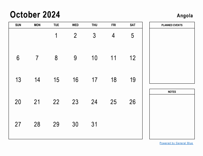 October 2024 Printable Monthly Calendar with Angola Holidays