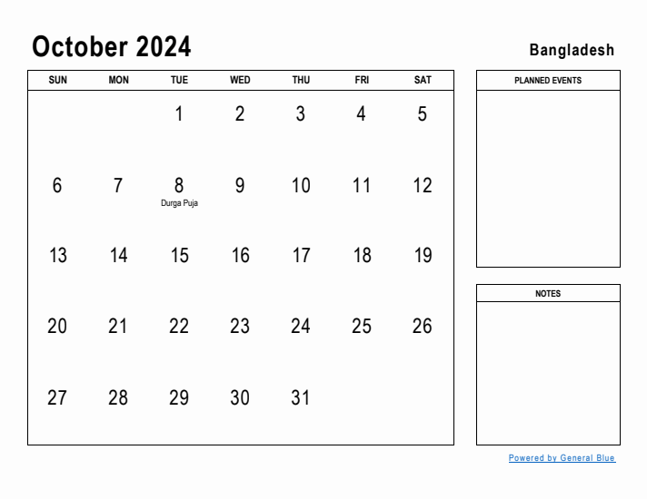 October 2024 Printable Monthly Calendar with Bangladesh Holidays