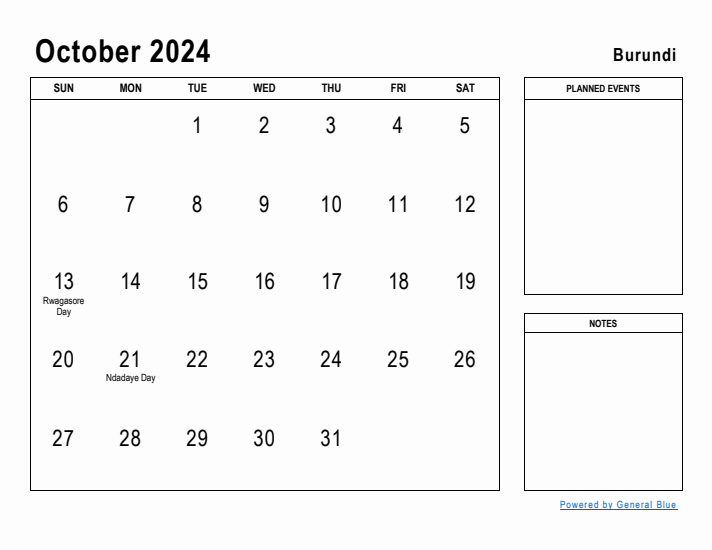 October 2024 Printable Monthly Calendar with Burundi Holidays