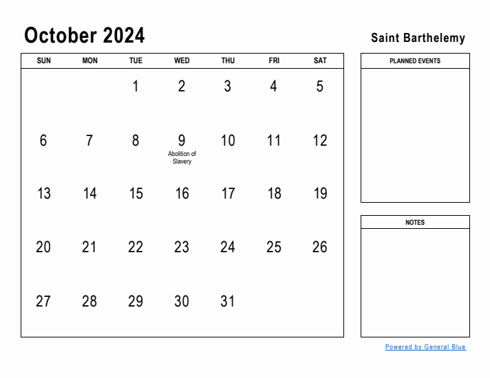 October 2024 Printable Monthly Calendar with Saint Barthelemy Holidays