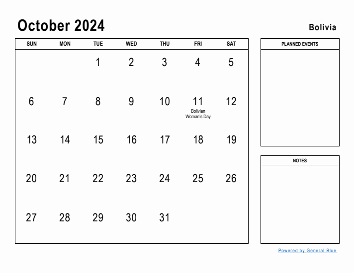 October 2024 Printable Monthly Calendar with Bolivia Holidays