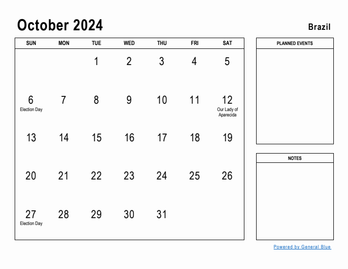 October 2024 Printable Monthly Calendar with Brazil Holidays