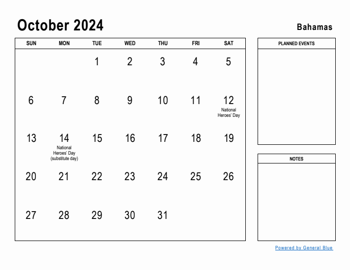 October 2024 Printable Monthly Calendar with Bahamas Holidays