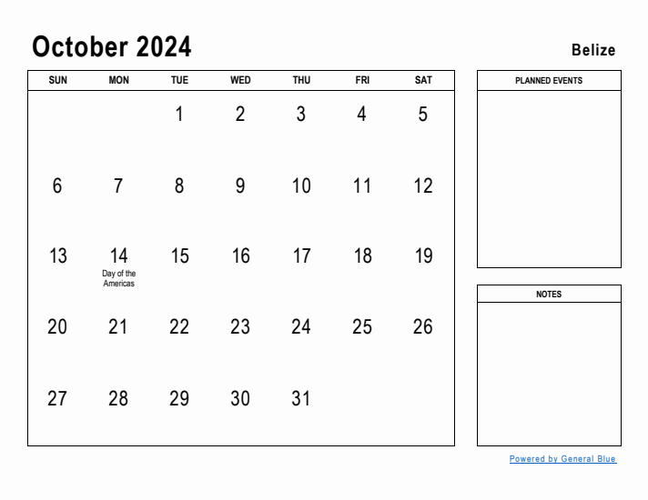 October 2024 Printable Monthly Calendar with Belize Holidays