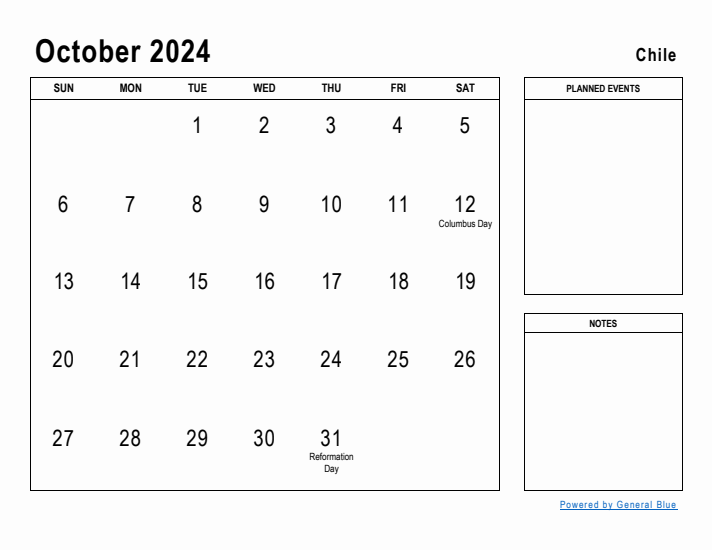 October 2024 Printable Monthly Calendar with Chile Holidays