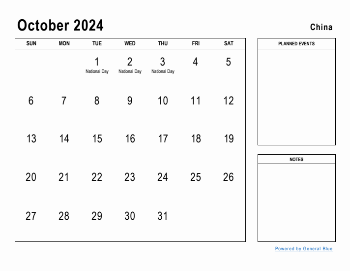 October 2024 Printable Monthly Calendar with China Holidays