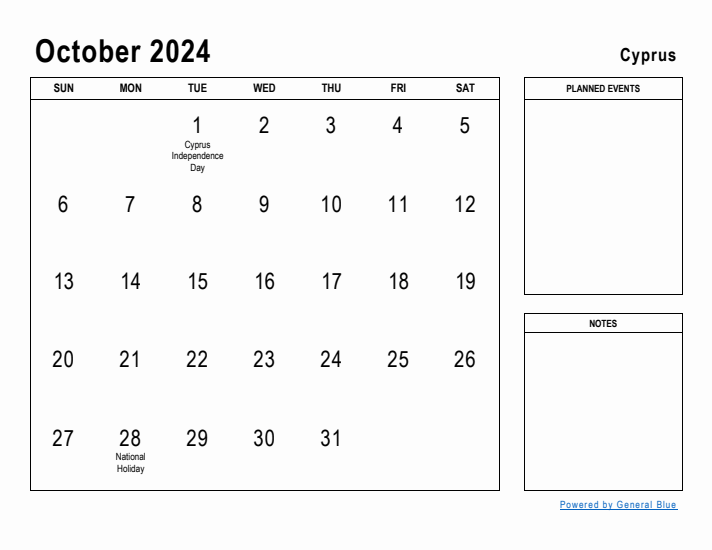 October 2024 Printable Monthly Calendar with Cyprus Holidays