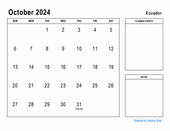 October 2024 Printable Monthly Calendar with Ecuador Holidays