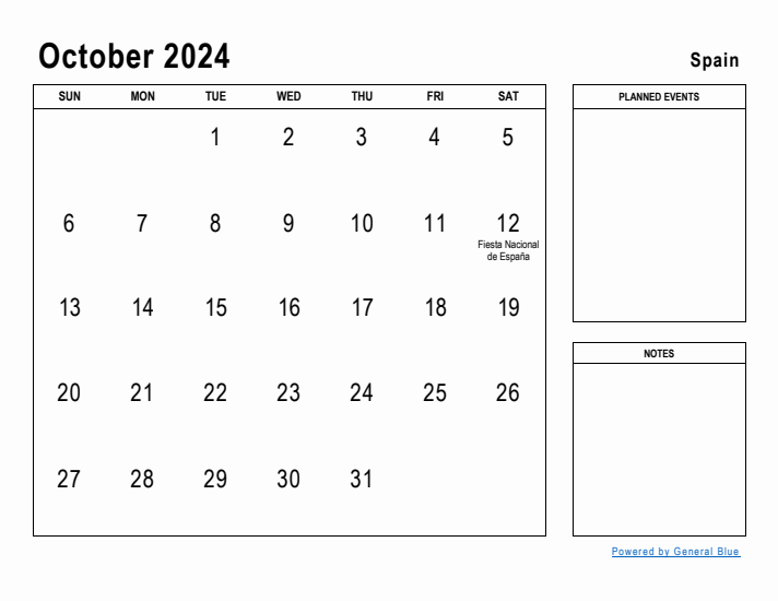 October 2024 Printable Monthly Calendar with Spain Holidays