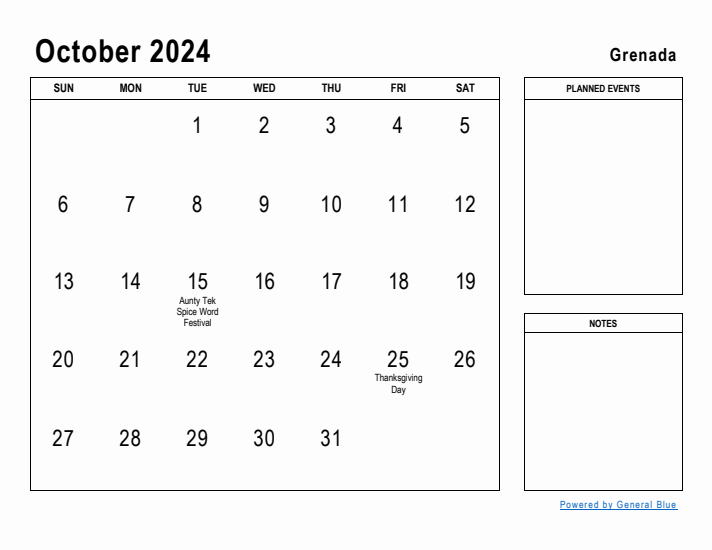 October 2024 Printable Monthly Calendar with Grenada Holidays