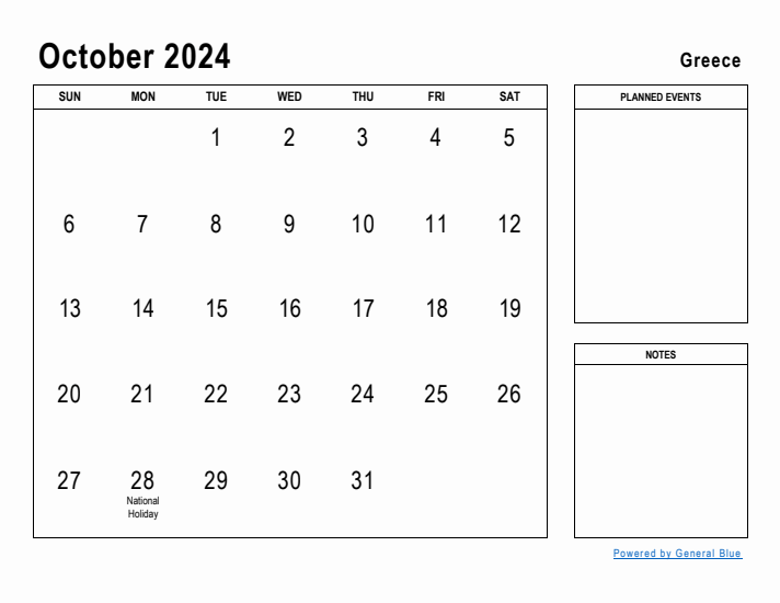 October 2024 Printable Monthly Calendar with Greece Holidays