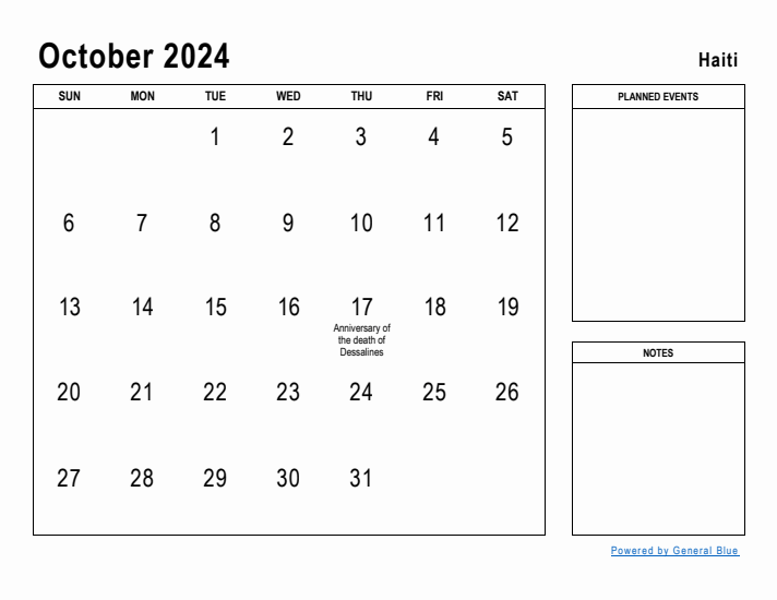 October 2024 Printable Monthly Calendar with Haiti Holidays