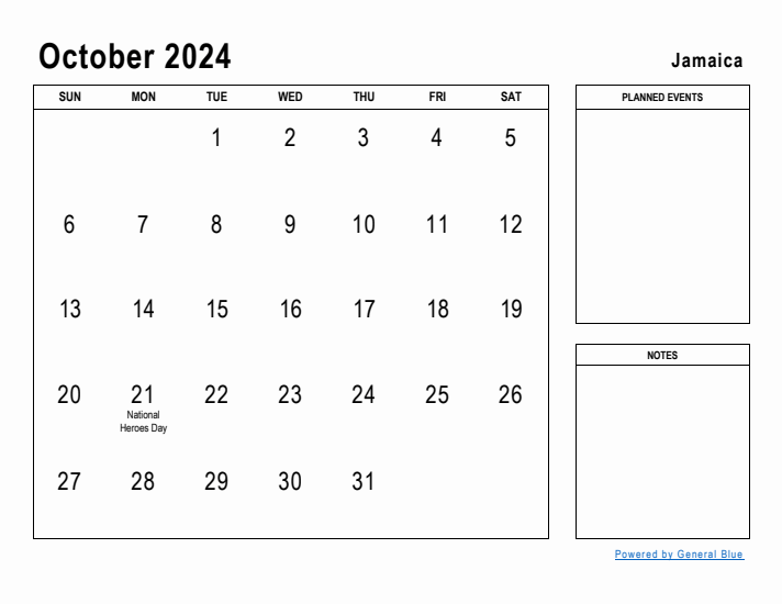 October 2024 Printable Monthly Calendar with Jamaica Holidays