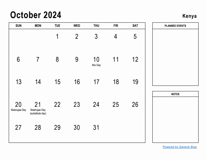 October 2024 Printable Monthly Calendar with Kenya Holidays