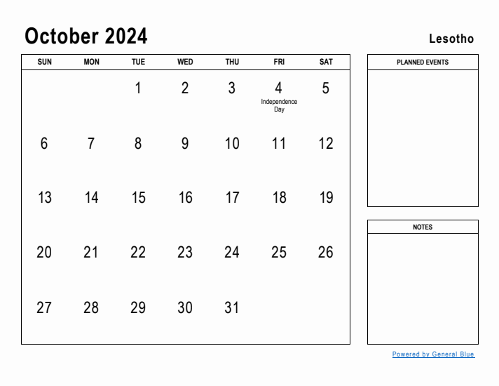 October 2024 Printable Monthly Calendar with Lesotho Holidays