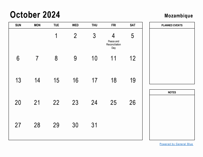 October 2024 Printable Monthly Calendar with Mozambique Holidays