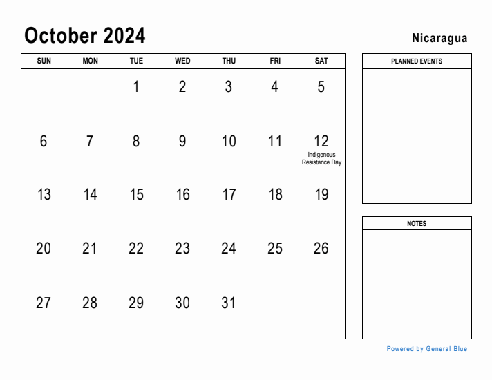 October 2024 Printable Monthly Calendar with Nicaragua Holidays