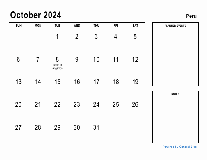 October 2024 Printable Monthly Calendar with Peru Holidays