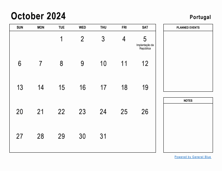 October 2024 Printable Monthly Calendar with Portugal Holidays