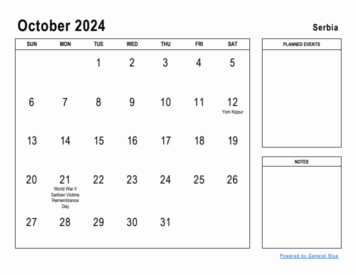 October 2024 Printable Monthly Calendar with Serbia Holidays